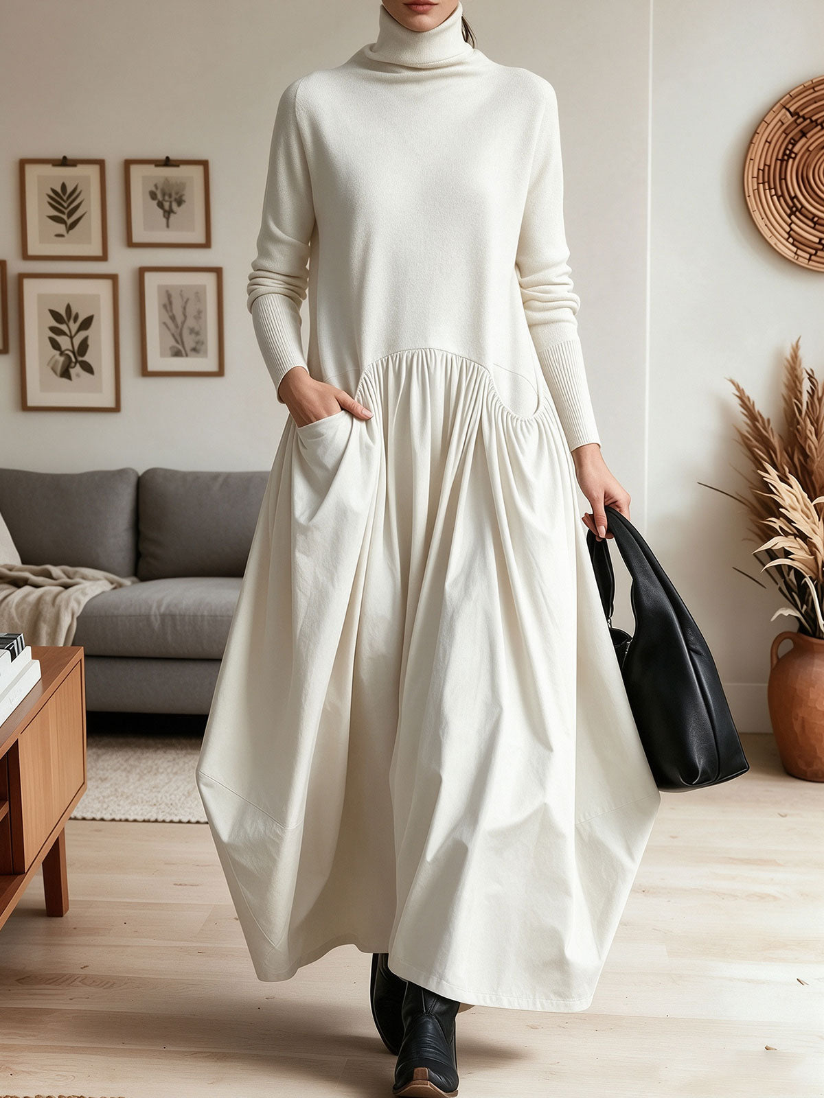 Women Turtleneck Knit Patchwork Maxi Dress, Loose Pleated Flowy Long Dress With Pockets