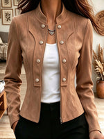 Women's Faux Suede Moto Jacket Stand Collar Double Breasted Short Coat