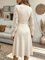 Vintage Elegant Knitted Fabric Patchwork Crocheted Floral Lace Dress