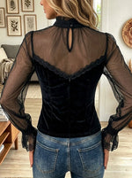 Sheer Mesh Ruffle High Neck Velvet Corset Top
