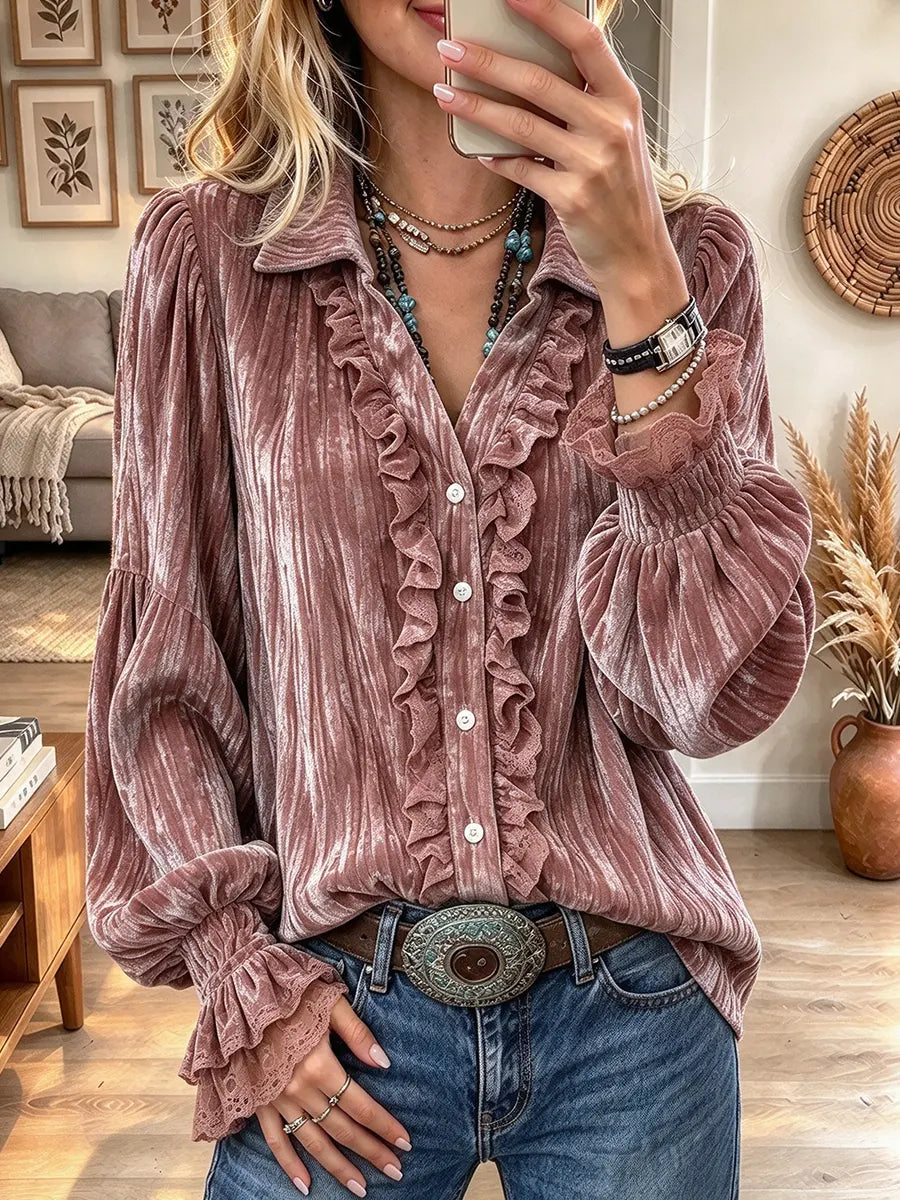 Women's Collared Ruffle Front Lantern Long Sleeve Blouse