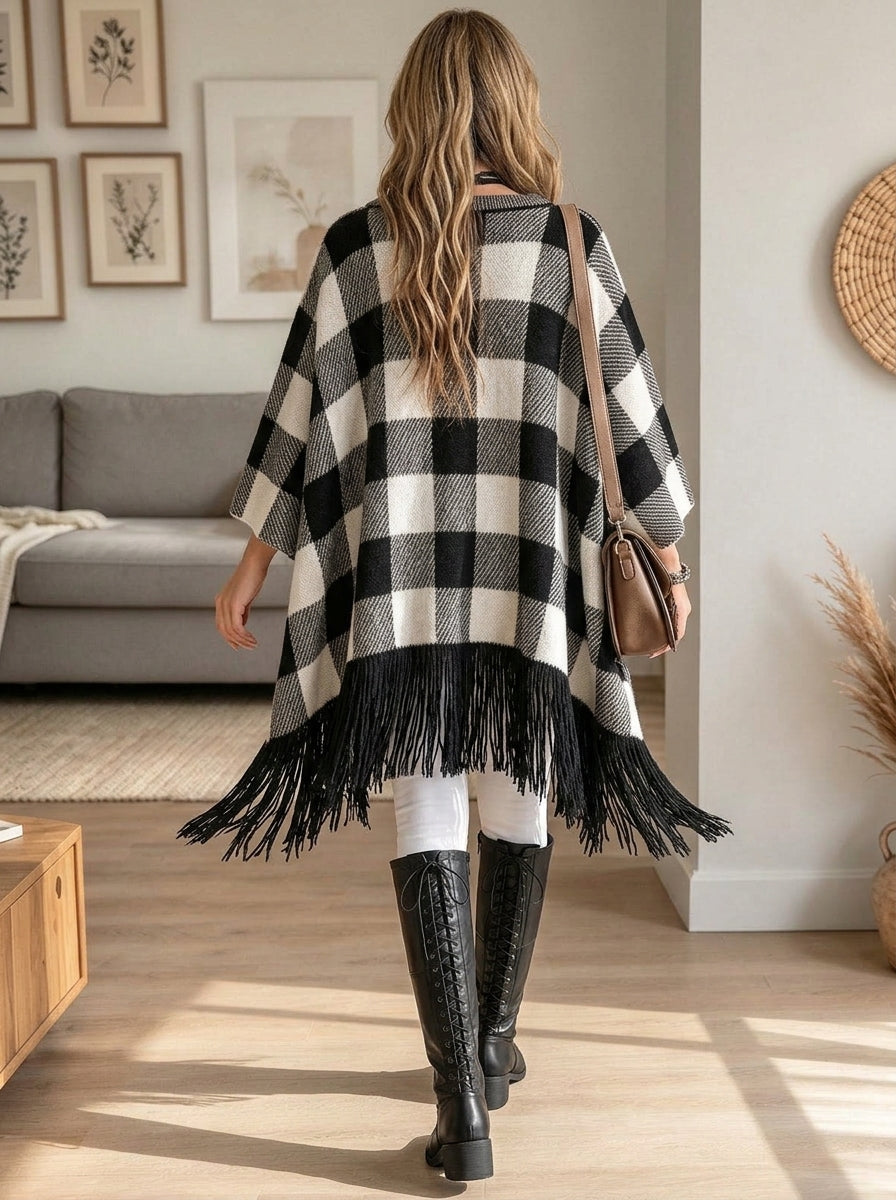 Women's Buffalo Plaid Fringe Poncho, Loose Oversized Check Knit Cape Wrap for Fall Winter