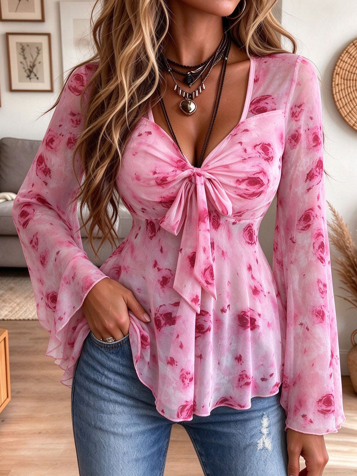 Women's Pink Rose Floral Print Tie Front Chiffon Long Sleeve Blouse Top