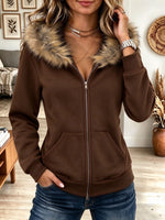 Women's Brown Full Zip Hoodie Sweatshirt with Faux Fur Hood Trim and Pockets