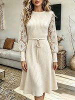 Vintage Elegant Knitted Fabric Patchwork Crocheted Floral Lace Dress