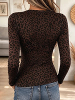 Retro Chic Leopard Pattern V-neck Art Casual Stylish Sheer Long Sleeve Shirt