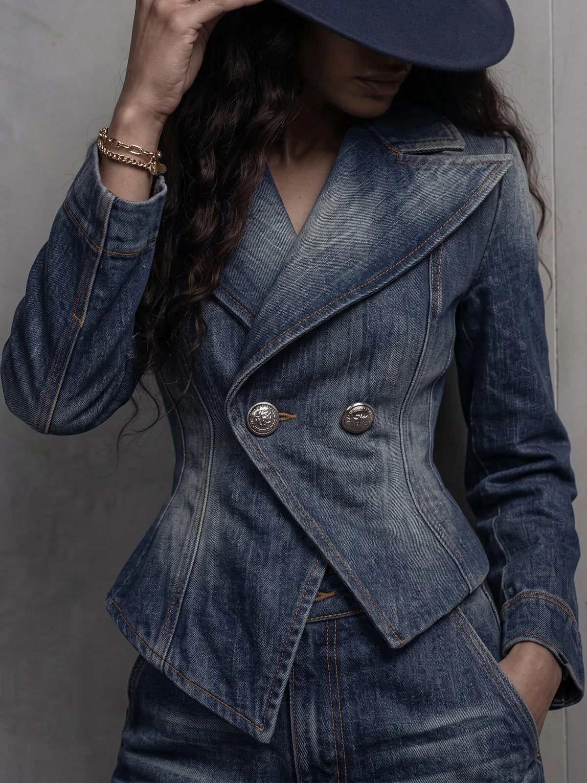 Chic Washed Denim Double-Breasted Peplum Blazer