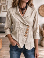 Women's Asymmetrical Diagonal Wooden Button Three-quarter Sleeve Linen Shirt