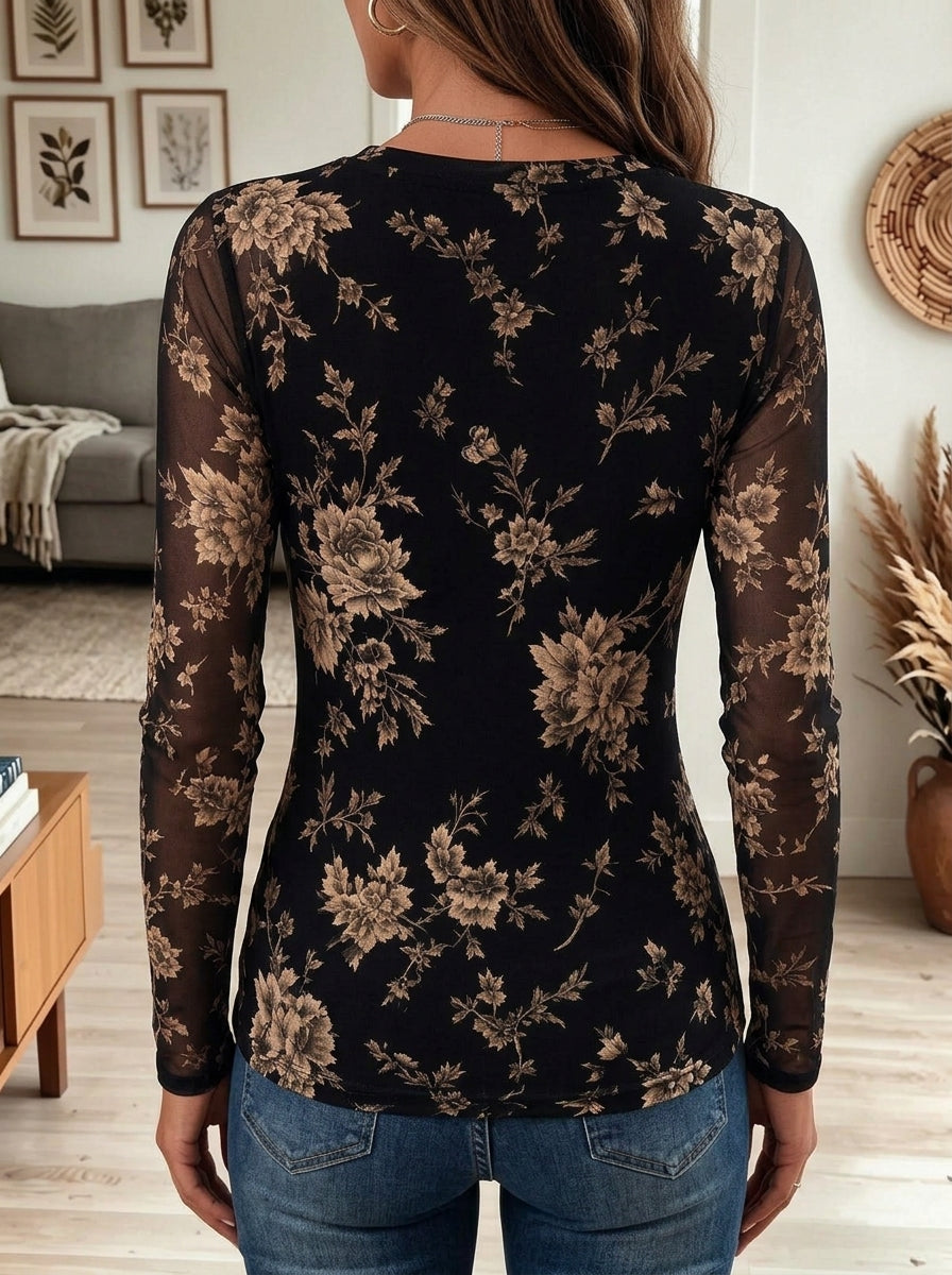 Black Floral Mesh Long Sleeve Henley Button Slim Fitted Top