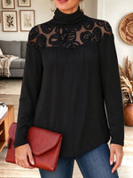 Women's Black Turtleneck Long Sleeve Top with Floral Lace Sheer Mesh Shoulder