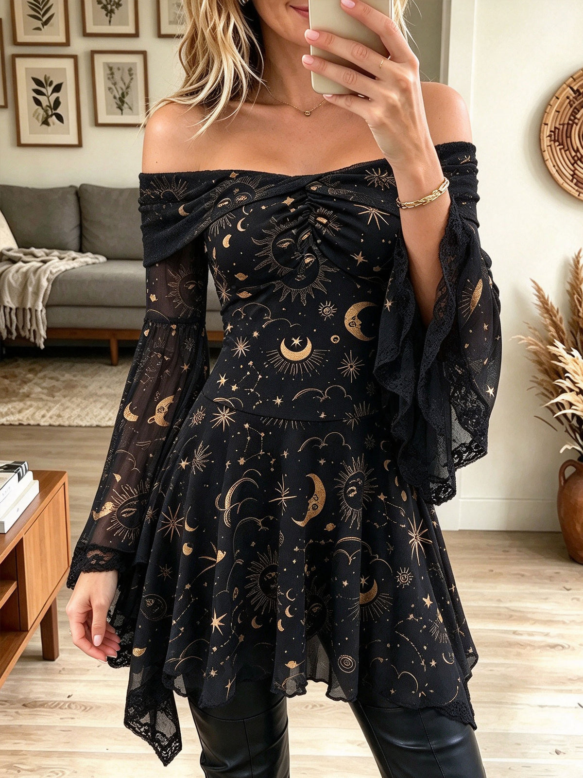 Women's Celestial Sun Moon Star Print Off Shoulder Lace Bell Sleeve Dress/Top