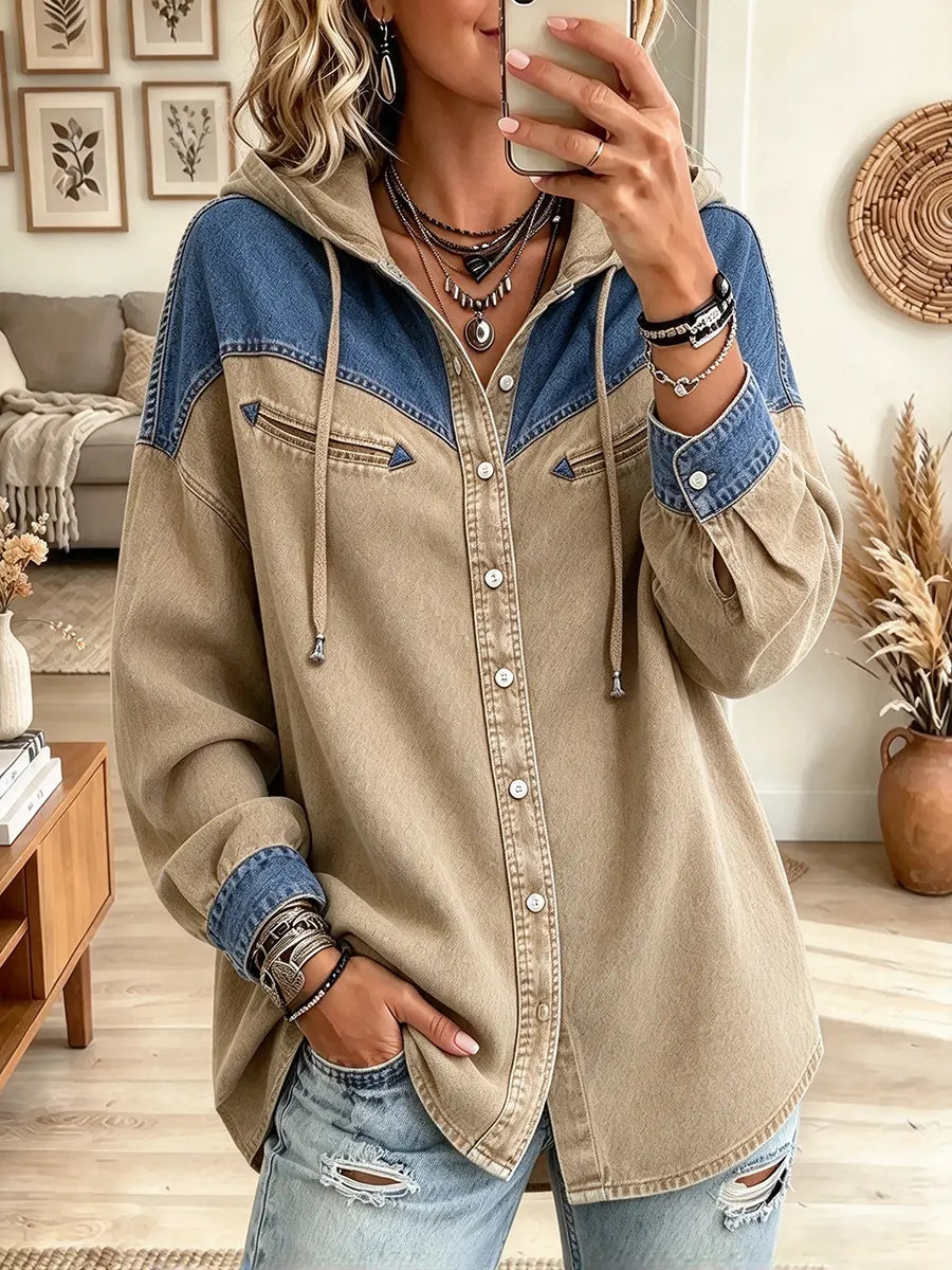 Women's Hooded Denim Patchwork Shirt Jacket
