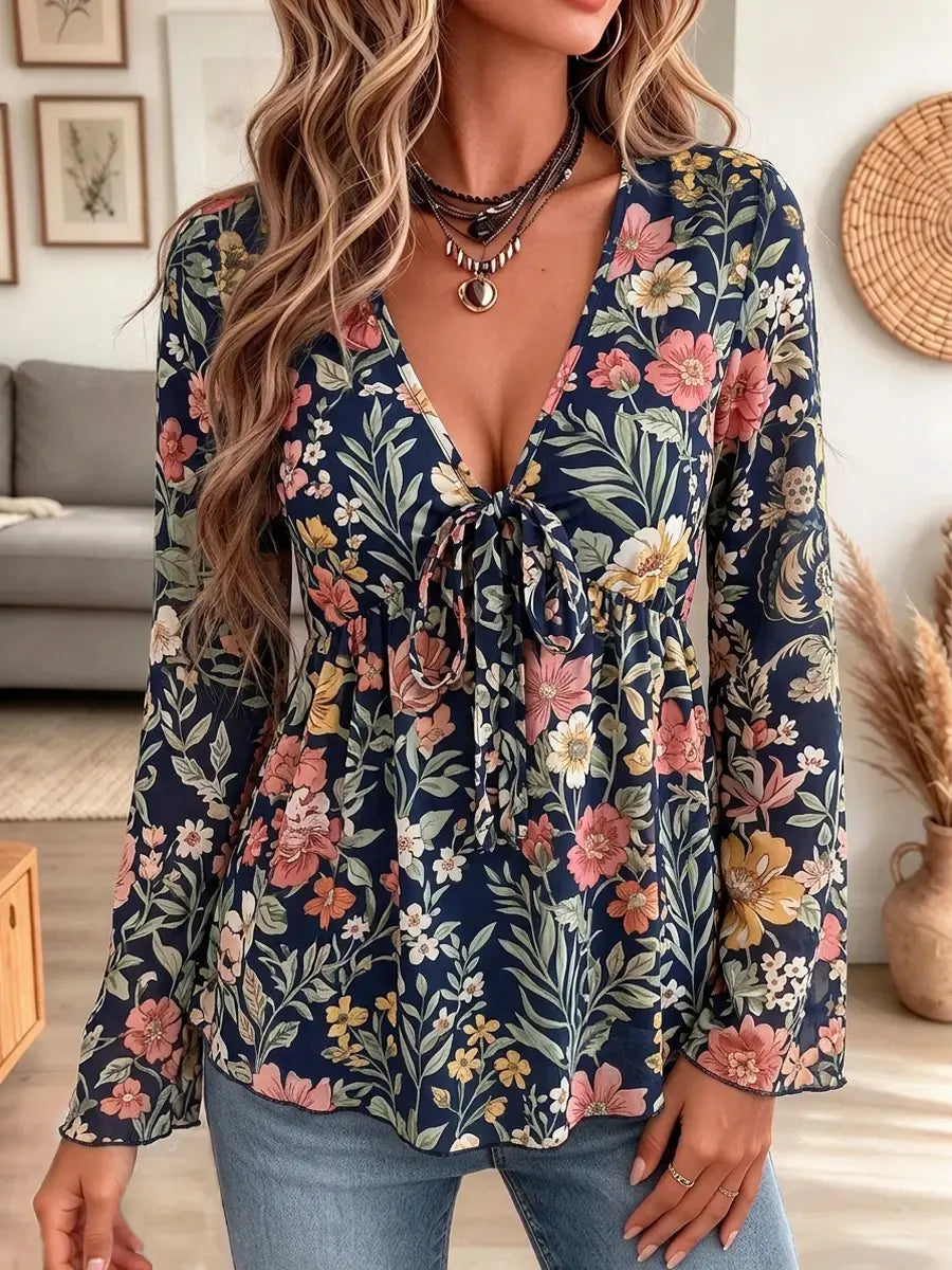 Retro Floral Pattern Art Print Casual Stylish Long Sleeve Mesh V Collar Shirt