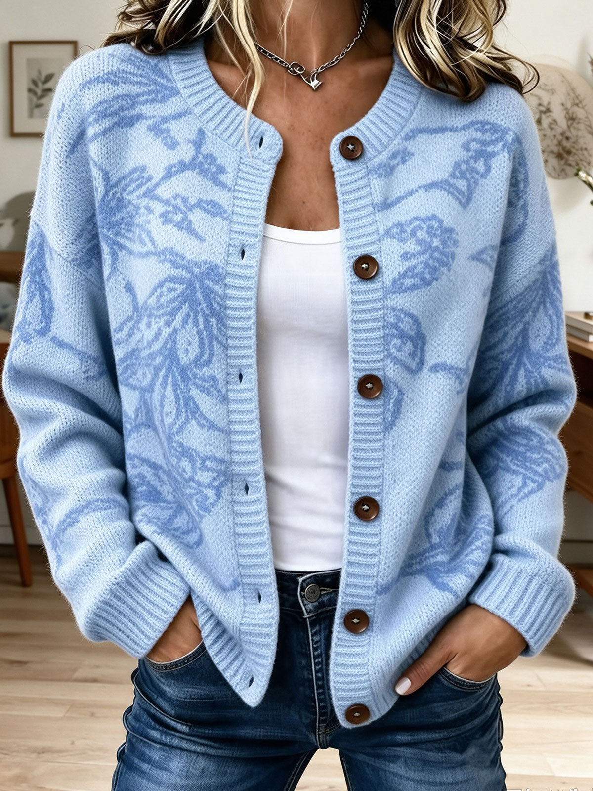 Round Neck Floral Pattern Knit Cardigan with Buttons