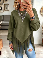 Vintage Elegant Round Neck Patchwork Tassel Suede Shirt