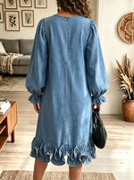 Women's Ruffled Hem Puff Sleeve Denim Midi Dress