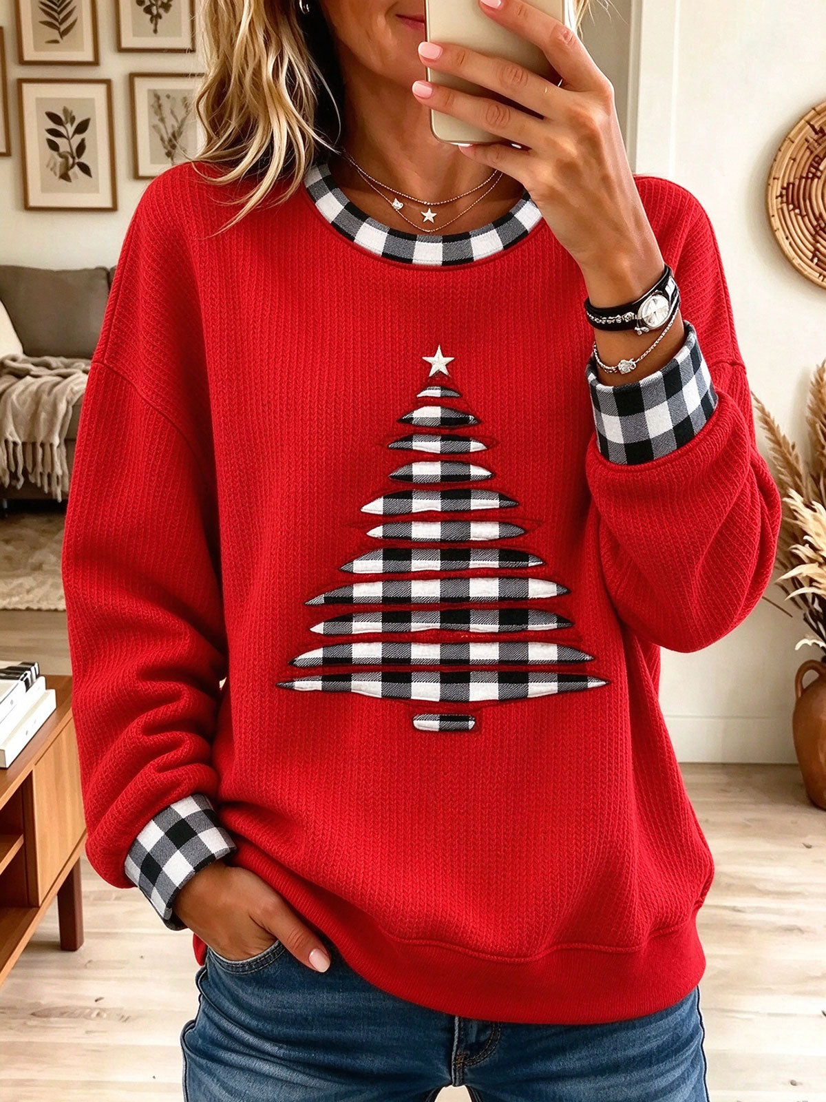 Red Waffle Knit Christmas Tree Buffalo Plaid Cuff Sweatshirt