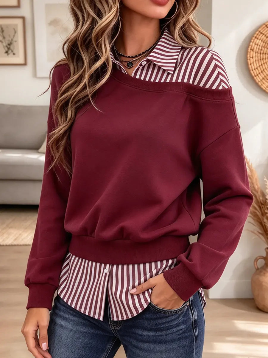 Retro Stripe Patchwork Art Casual Lapel Stylish Long Sleeve Sweatshirt