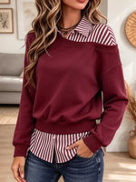 Retro Stripe Patchwork Art Casual Lapel Stylish Long Sleeve Sweatshirt