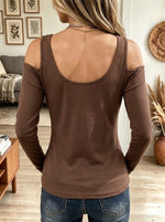 Women's Asymmetric Cut Out One Shoulder Long Sleeve Slim Fit Tee with Metal Eyelet Cuffs