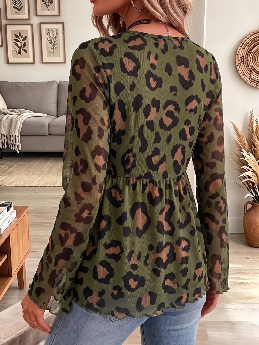 Vintage Elegant Leopard Print Sheer Mesh Shirt