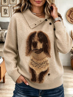 Women's Cute Fluffy Dog Graphic Knit Sweater with Foldover Collar