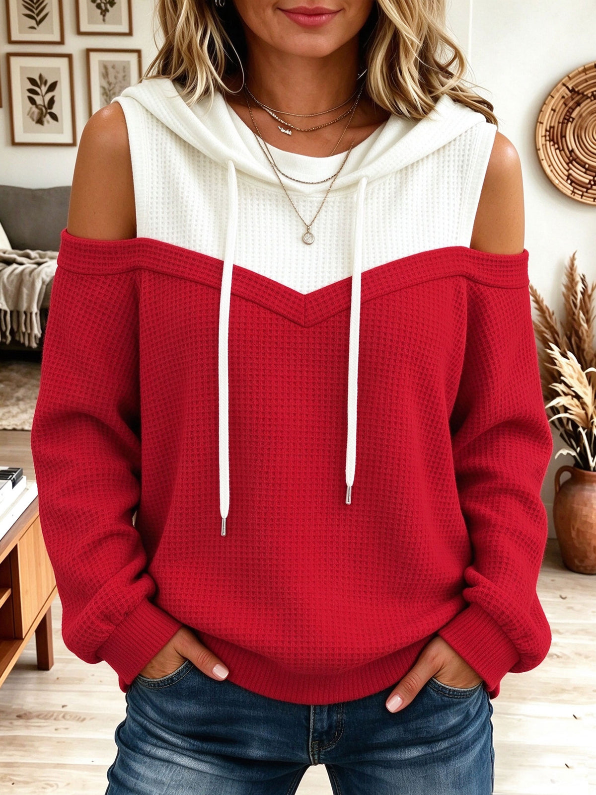 Color Block Cold Shoulder Waffle Knit Hooded Sweatshirt