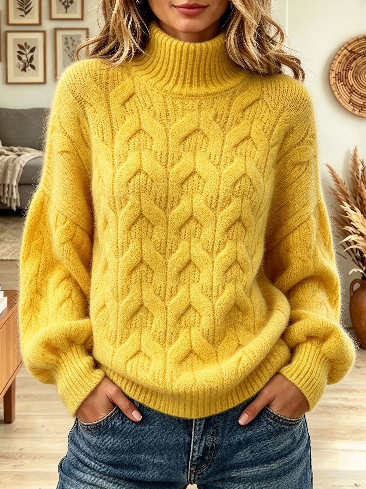 Women's Bright Yellow Turtleneck Cable Knit Oversized Pullover Sweater
