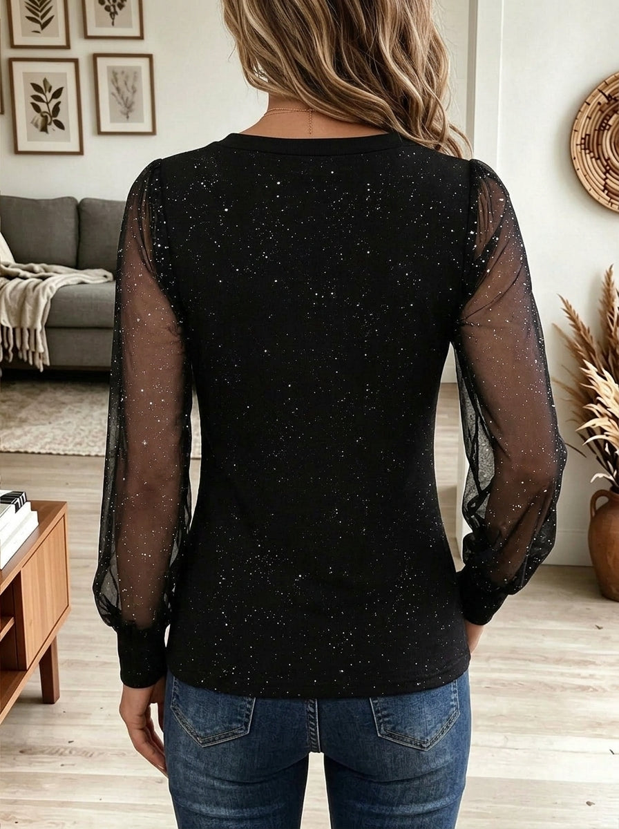 Women's Square Neck Glitter Mesh Long Sleeve Blouse