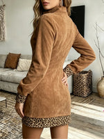 Vintage Elegant Suede Patchwork Leopard Dress