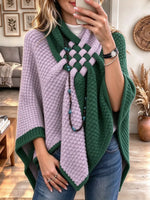 Women's Color-blocked Woven Collar Chunky Knit Cape Shawl