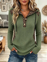 Vintage Elegant Leopard Patchwork Waffle-knit Hoodie Sweatshirt