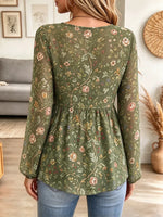 Retro Floral Pattern Art Print Casual Stylish Long Sleeve Mesh V Collar Shirt