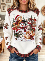 Women's Christmas Cats Snowman Graphic Knit Sweater with Plaid Trim Winter Pullover