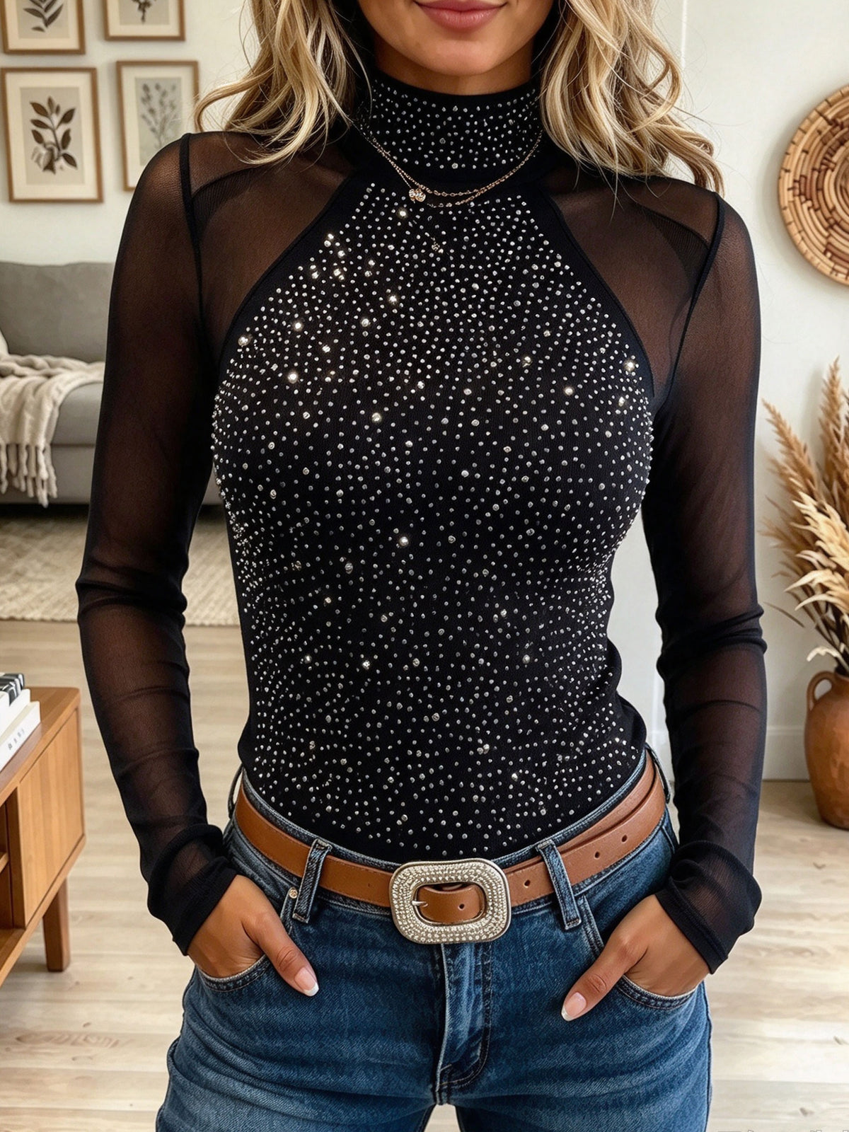 Women's Sheer Mesh Patchwork Mock Neck Rhinestone Slim Fit Long Sleeve Tops