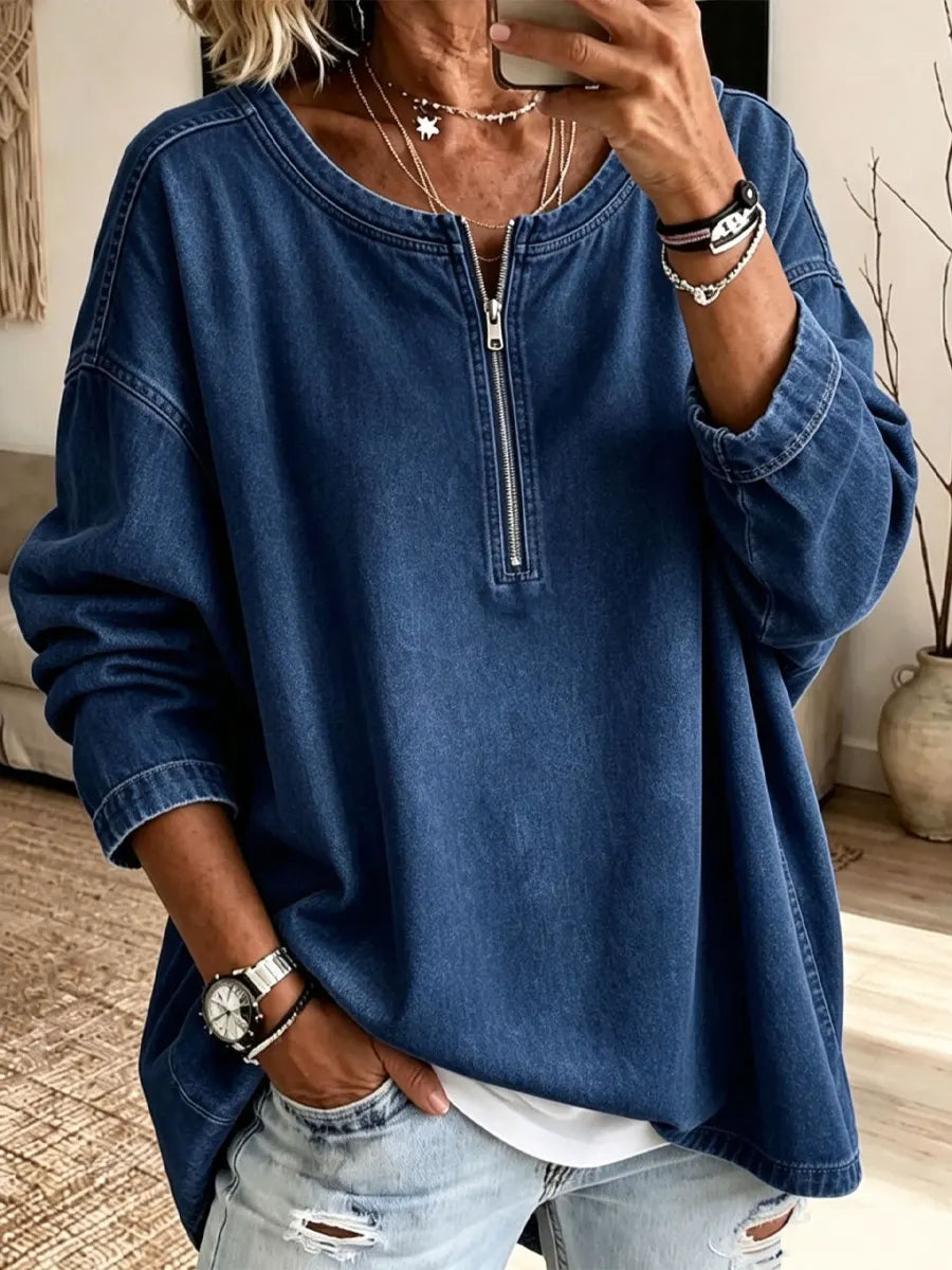 Retro Zip Art Casual Loose Denim Stylish Long Sleeve Shirt