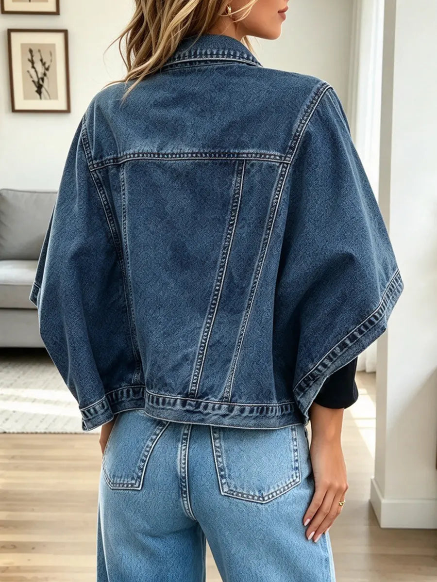 Vintage Classic Lapel Art Casual Stylish 3/4 Sleeve Denim Coat