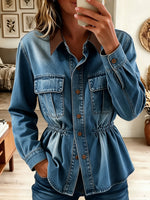 Women's Denim Shirt Jacket with Contrast Leather Collar and Drawstring Waist
