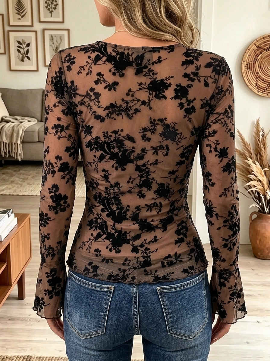 Women's Floral Print Sheer Mesh Drawstring Top