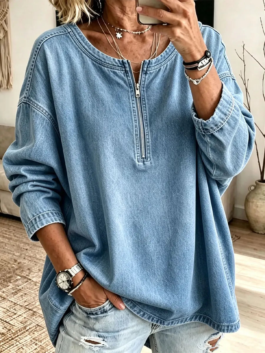 Retro Zip Art Casual Loose Denim Stylish Long Sleeve Shirt