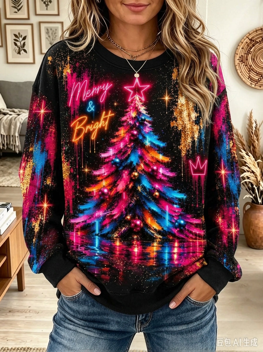 Merry & Bright Neon Christmas Tree Graphic Sweatshirt