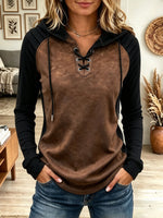 Women Faux Suede Patchwork Hooded Lace-Up Raglan Long Sleeve Top