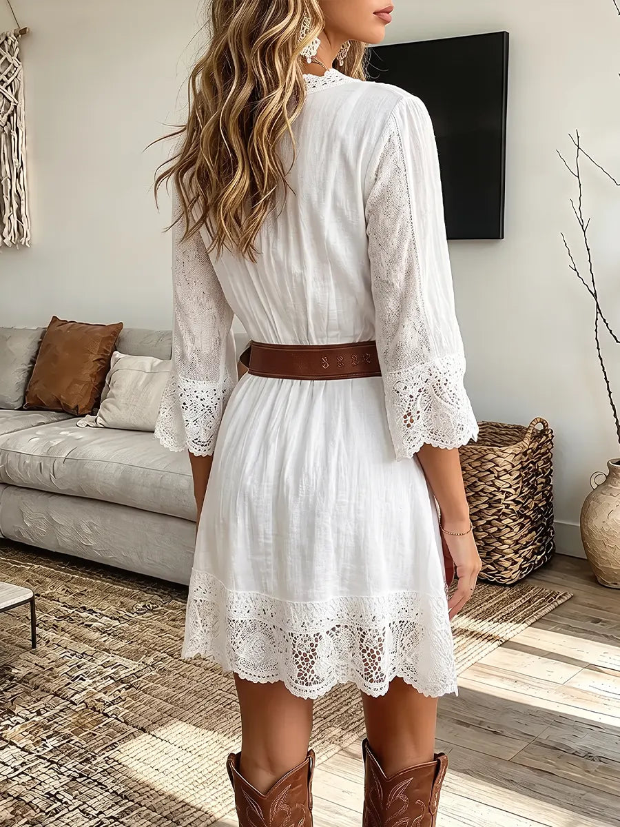 Vintage Elegant Cotton Linen Patchwork Openwork Lace Dress