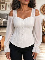 Women's White Square Neck Cold Shoulder Button Front Corset Peplum Blouse