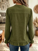 Women's Ruffle V-Neck Button Henley Corduroy Blouse