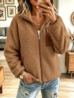 Retro Zip Fleece Pockets Art Casual Stylish Long Sleeve Coat