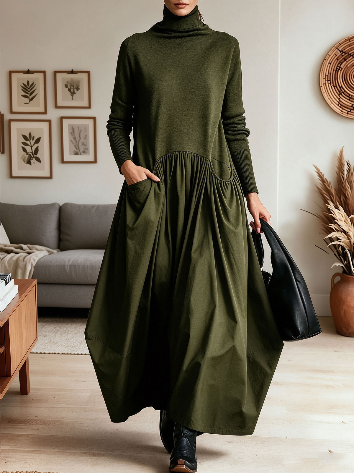 Women Turtleneck Knit Patchwork Maxi Dress, Loose Pleated Flowy Long Dress With Pockets