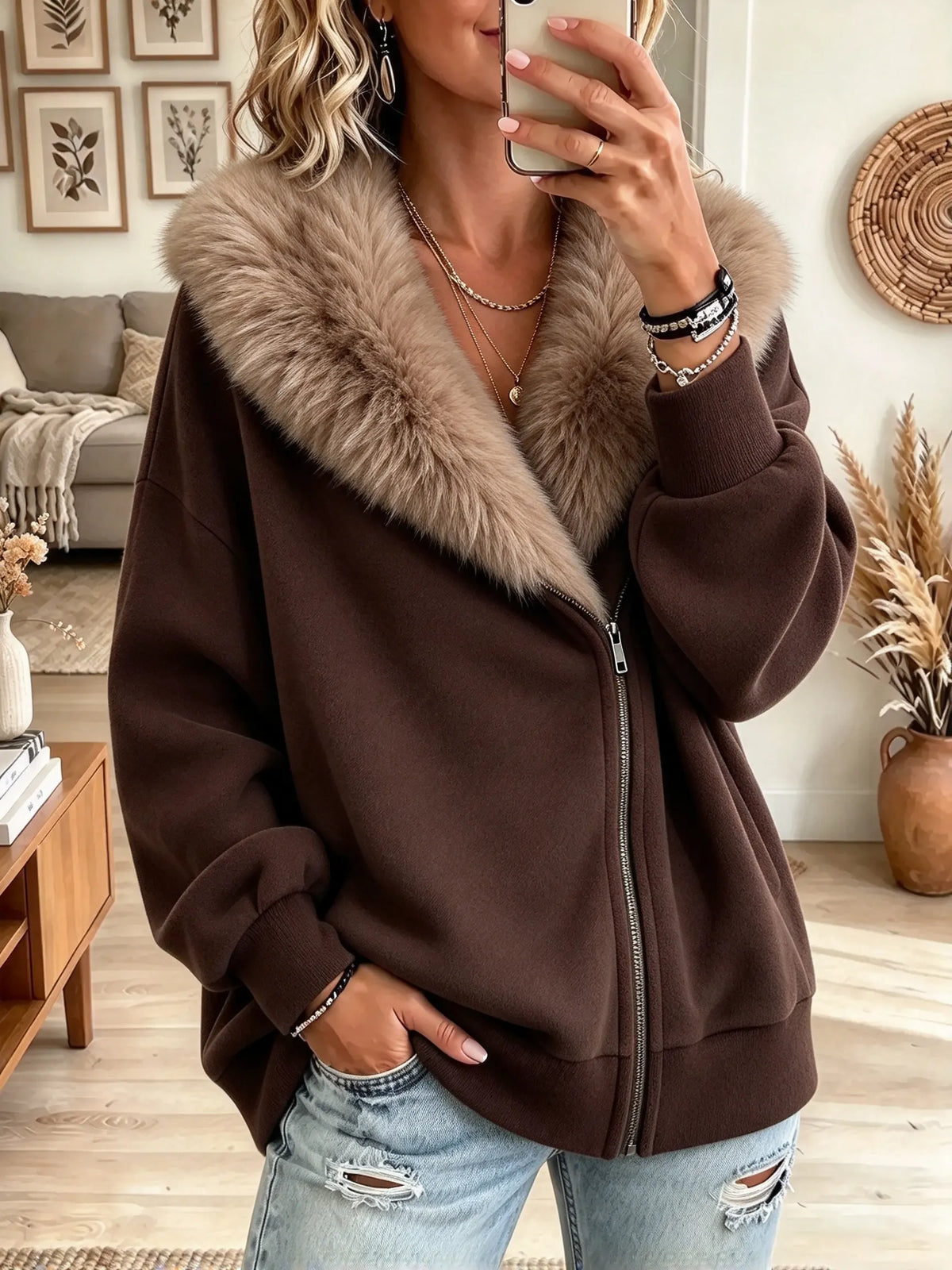 Women's Faux Fur Collar Fleece Zip-Up Jacket