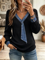 Women's Denim Tie-Front V-Neck Ribbed Top