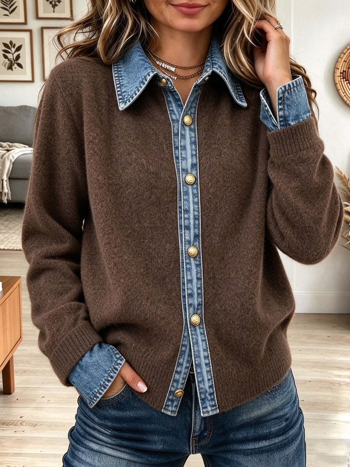Women's Brown Knit Cardigan Sweater with Contrast Denim Lapel and Trim